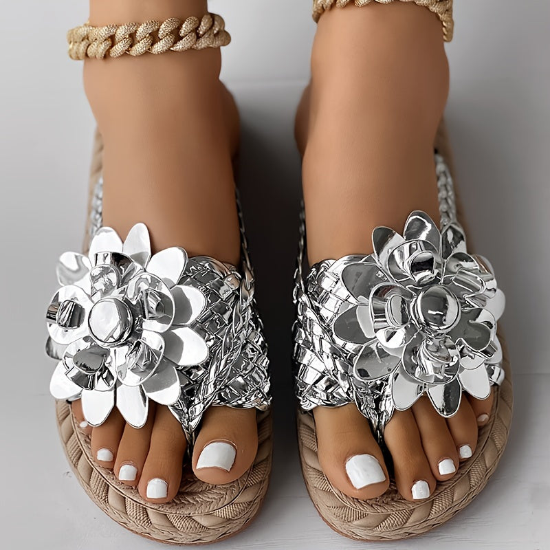 Metallic Faux Leather Floral Sandals