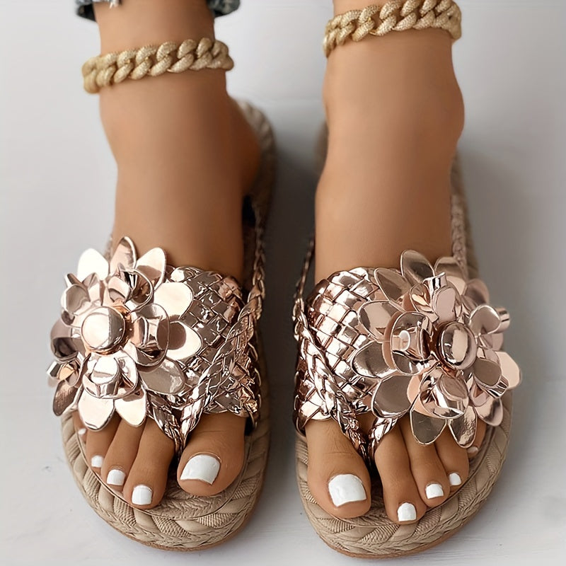 Metallic Faux Leather Floral Sandals