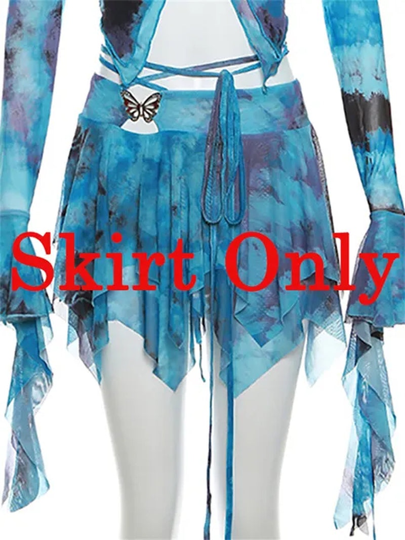 Fall Mesh Butterfly Women 3 Piece Set Bandage Cami+Irregular Skirt+Fairy Festival Crop Top Tie Dye Rave Party Outfit Y2K