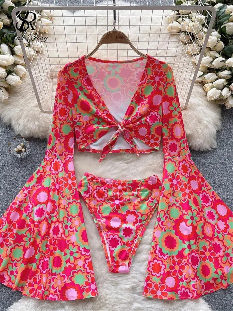 Bras Sets SINGREINY Print Chiffon Swimsuits 2 Pieces Suits Women V Neck Long Sleeve Short Top Mini Briefs Fashion Vacation Sexy Suit