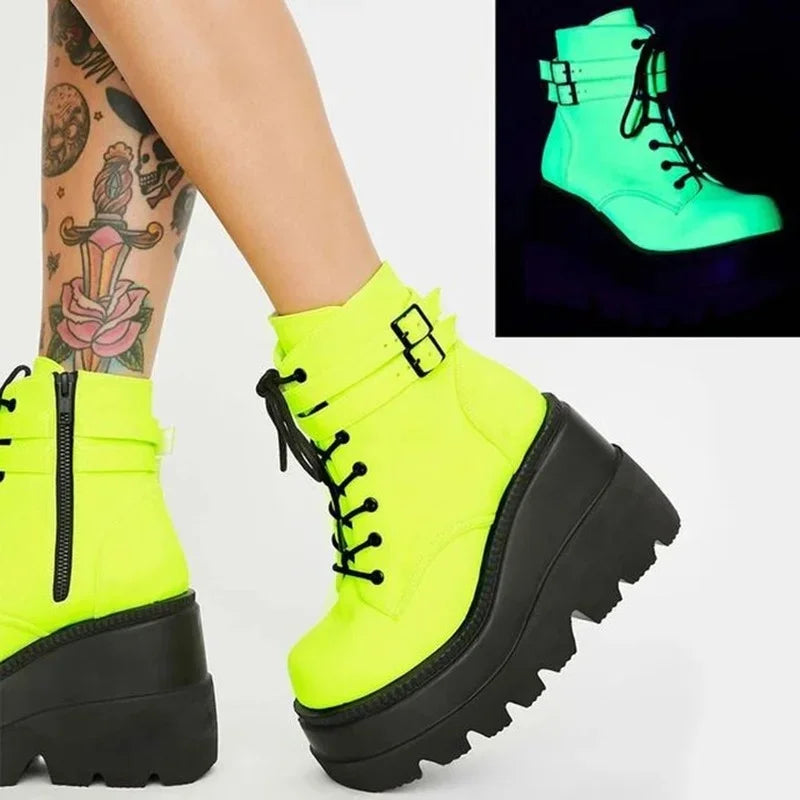 European and American Large Size Women'S Boots 2022 New Colorful Wedge Heel Side Zipper High Heels Fashion Punk Women'S Boots