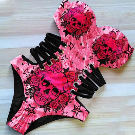 Women'S Tube One Piece Bikini Swimsuit Rose Skull Hollow Out Sexy Strapless Floral Print Cut Out Female Swimsuit Set for Female