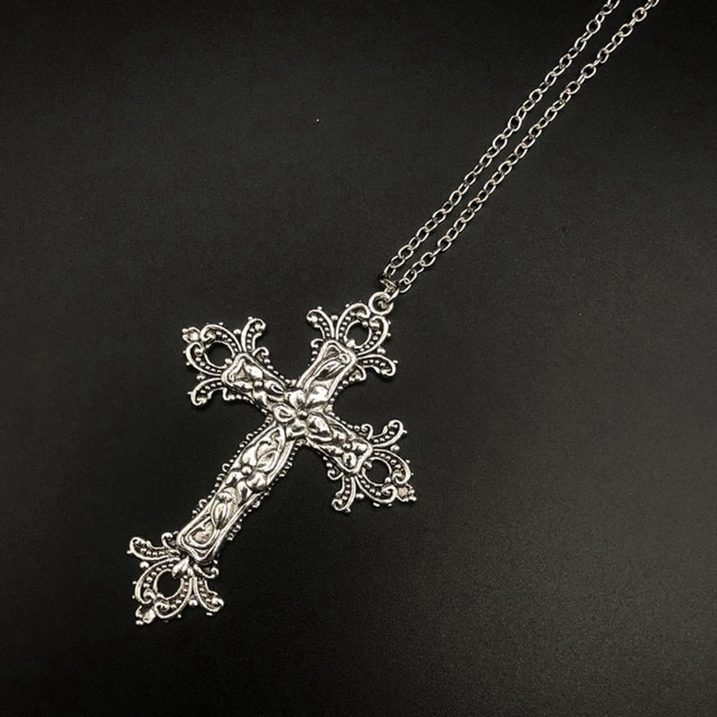 Large Detailed Cross Drill Pendant Jewel Necklace Silver Color Tone Gothic Punk Jewellery Fashion Charm Statement Women Gift(Red